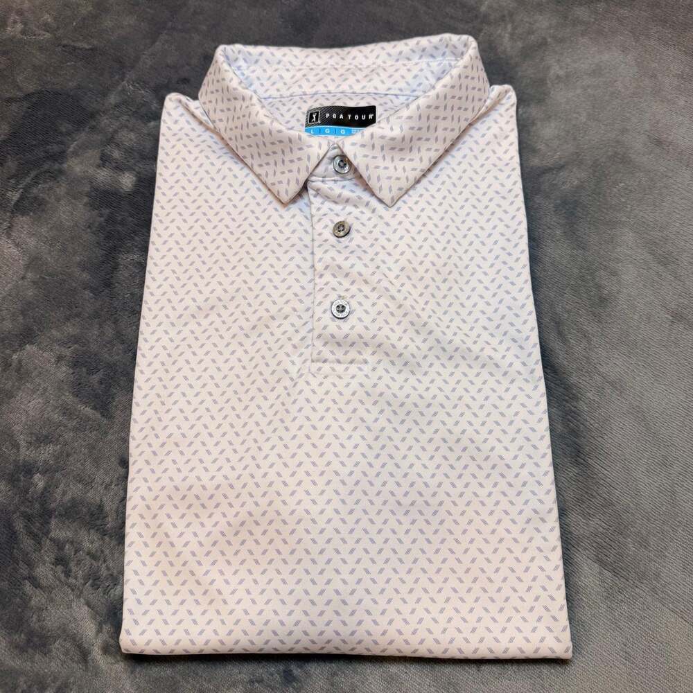PGA TOUR Men L Polo Golf Shirt White Blue Geometric Patter Outdoor Office Preppy